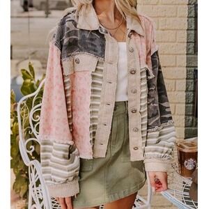 POL Mixed Media Thermal, Camo, Floral Print Patchwork Jacket,Medium, Cottagecore